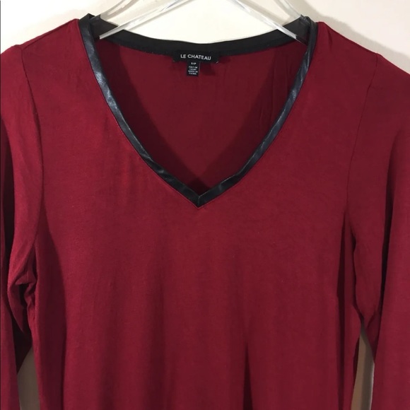 Le Chateau Women Long Sleeve T- Shirt V Neck Small Leather Piping - Picture 9 of 11